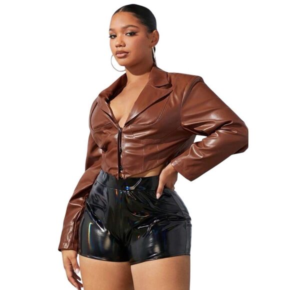 |🔸BUNDLE ONLY🔸|NWT| SHEIN CURVE Plus Lapel Neck Button Crop PU Leather Blazer - Picture 1 of 8